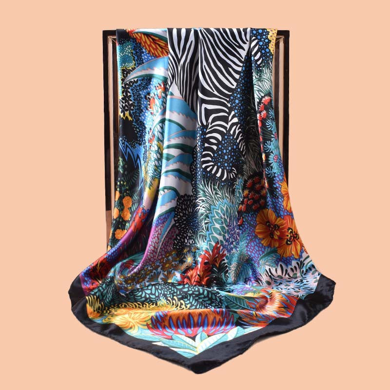 New 90cm satin psychedelic jungle zebra printed square scarf with sunscreen, head silk scarf decoration, scarf