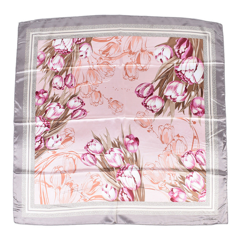 Summer new fashion versatile tulip bouquet print 90-color square scarf silk scarf headscarf