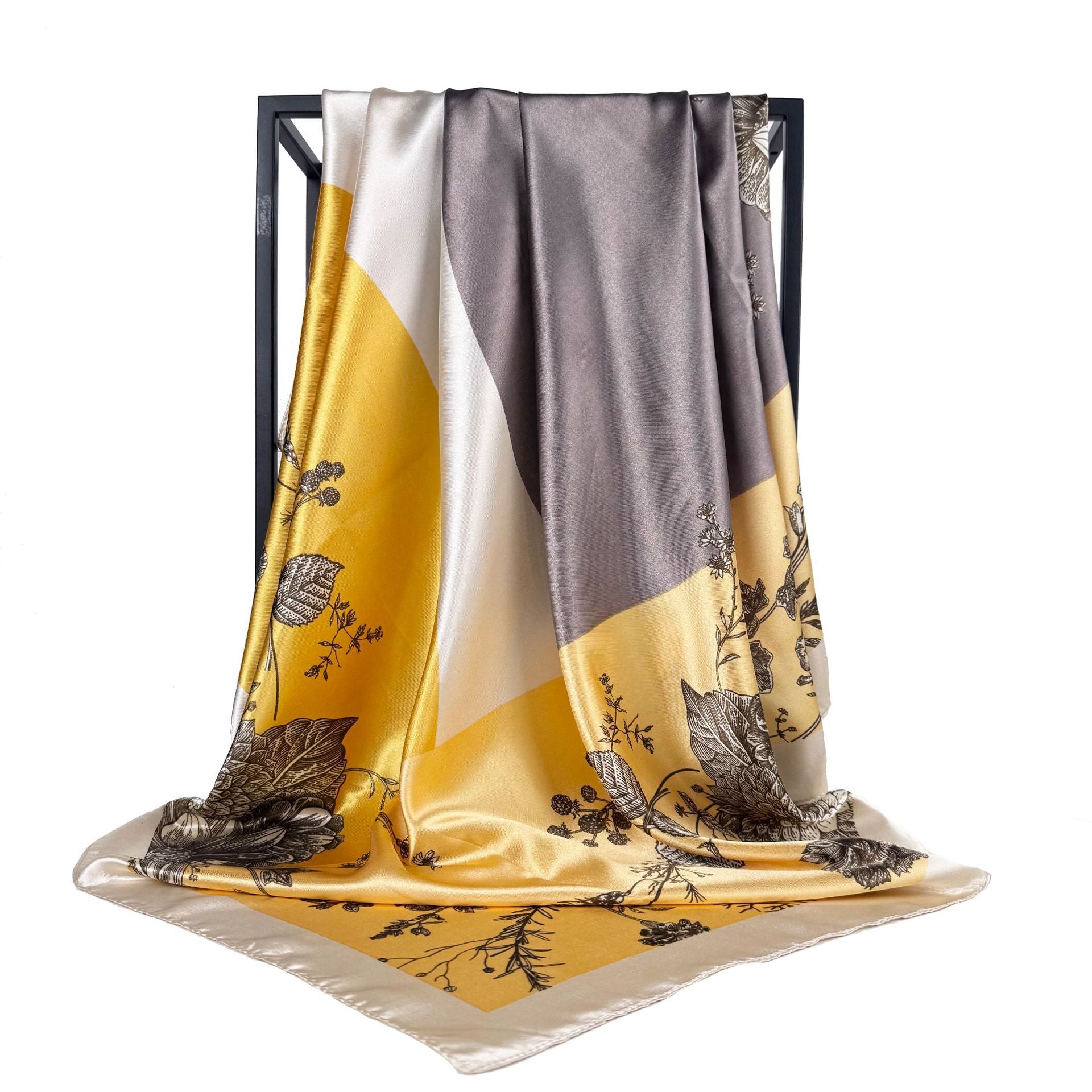 Spring new product, simple and elegant plant flower silk scarf, imitation silk satin 90cm square scarf, ethnic women's headscarf