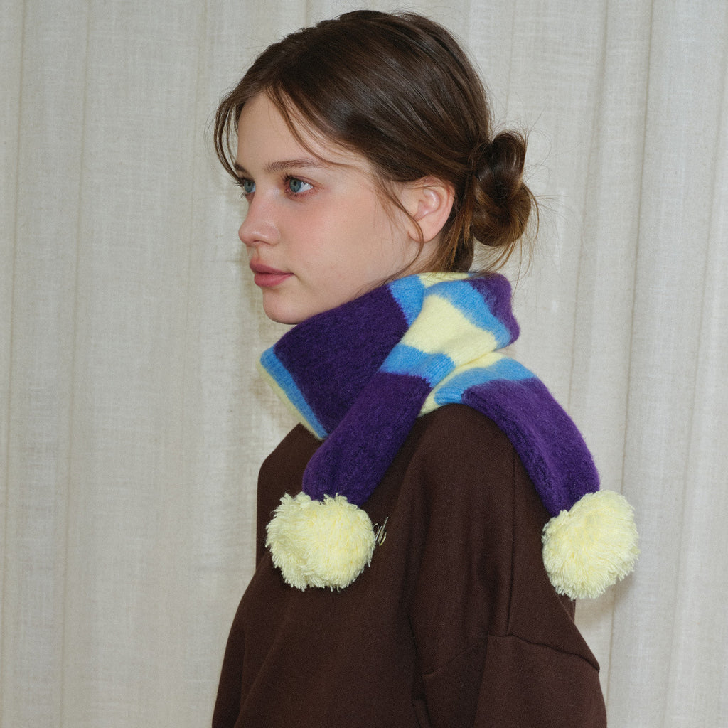 Designer wool-blend brushed striped knitted scarf female winter girl hanging hairball contrasting color Korean scarf