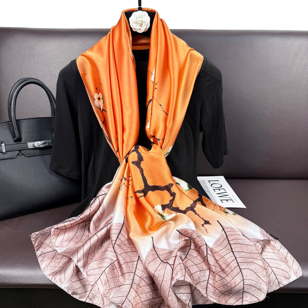 Korean version of simple and versatile plants, flowers, leaves, long silk scarves, elegant temperament, women's decoration, shawl scarf