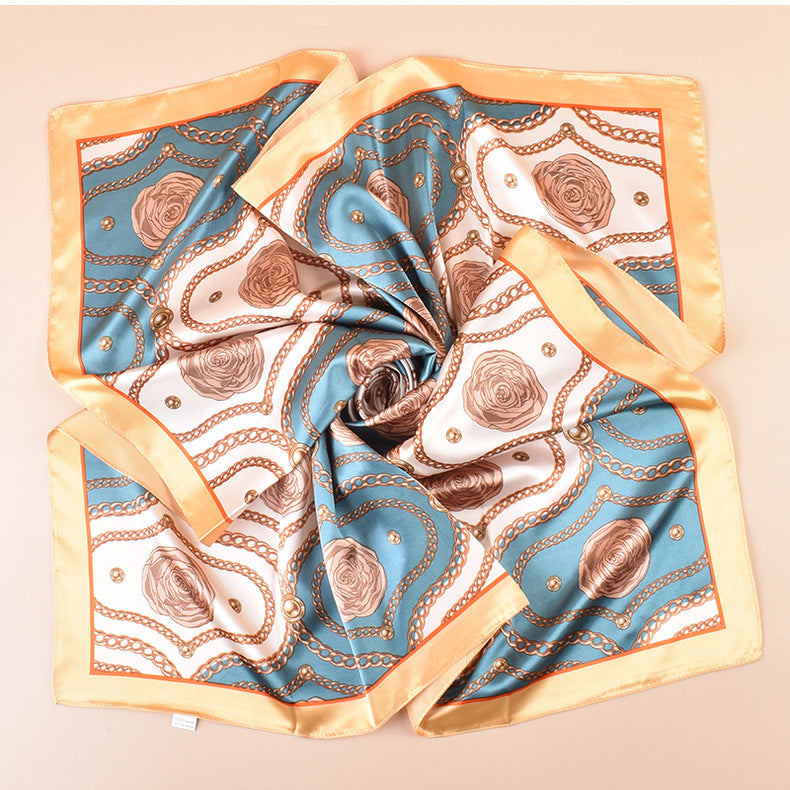 Spring and summer scarf chain flower printing versatile decorative scarf headscarf silk scarf 90 high-quality satin square scarf