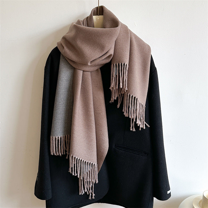 Simple solid color imitation cashmere scarf men's and women's winter thickened warm double-sided two-color versatile fringed shawl core-spun yarn