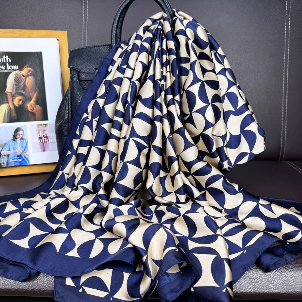 Fashion versatile geometric lines leopard print long silk scarf, ethnic women's dress sunscreen