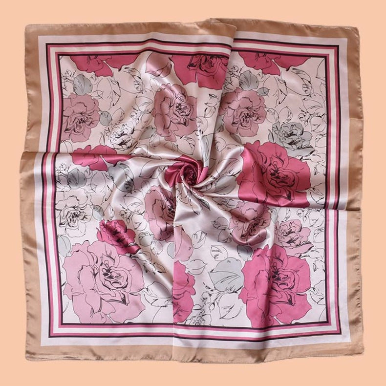 Spring and summer temperament big flower printing versatile decorative scarf headscarf silk scarf 90 high-quality satin large square scarf