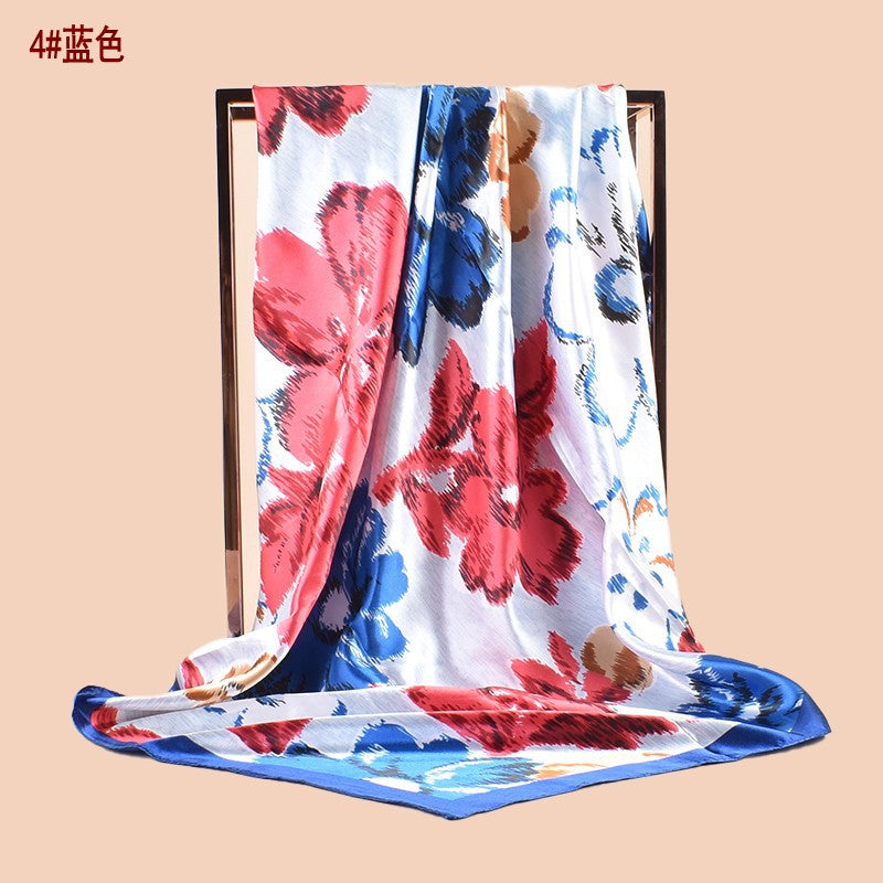 Spring new fashionable versatile large shawl imitation silk flower printing silk scarf head scarf 90-color square scarf