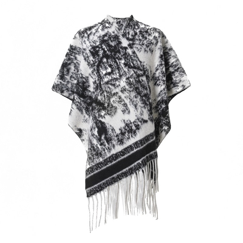European, American spring, autumn and winter women's jacquard double-sided fringed shawl