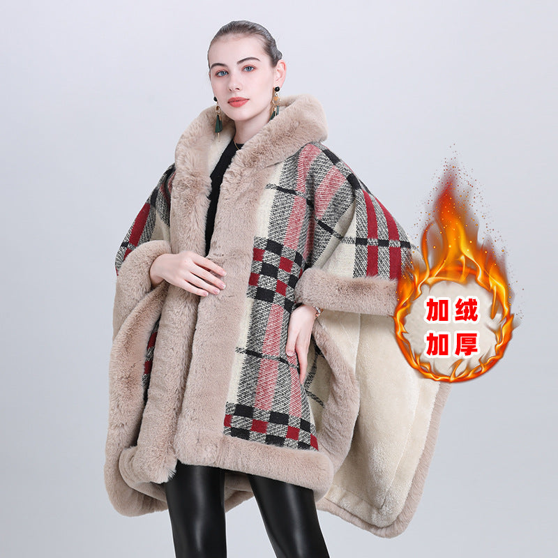European and Korean autumn and winter new cape shawl fleece thickened plaid fur collar hooded knitted shawl scarf shawl 0992