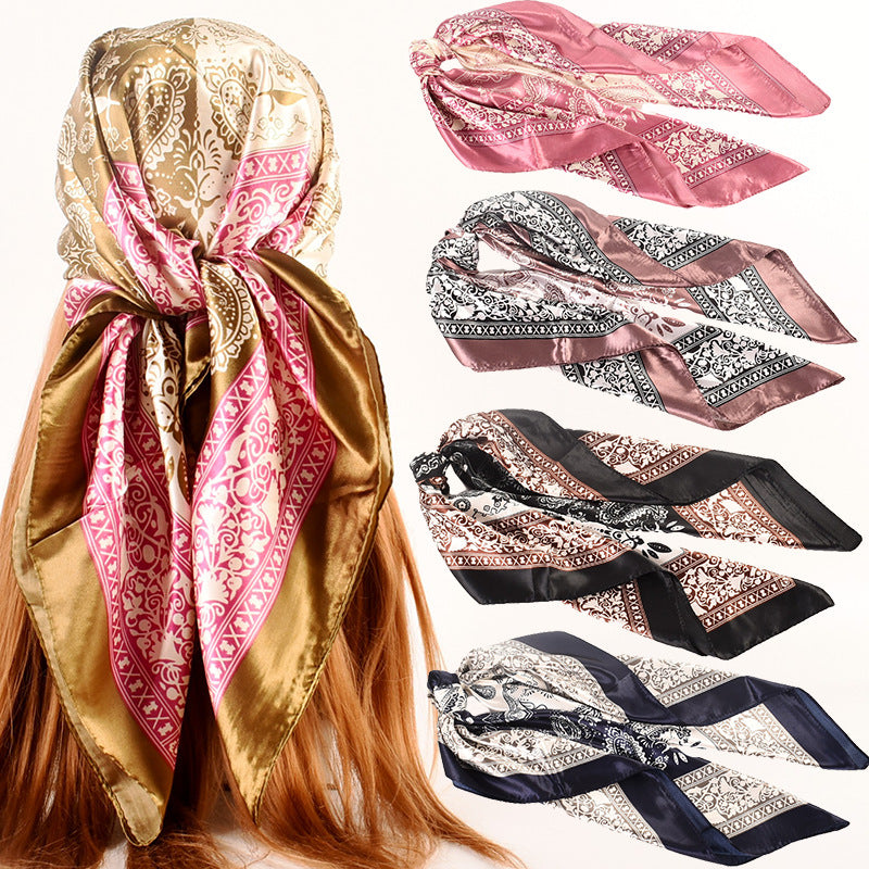Spring and Autumn New 90cm Printed Satin Large Square Scarf Two-Color Cashew Nut Women's Fashion Scarf Silk Scarf Headscarf Shawl
