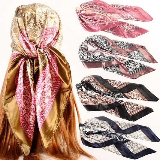 Spring and Autumn New 90cm Printed Satin Large Square Scarf Two-Color Cashew Nut Women's Fashion Scarf Silk Scarf Headscarf Shawl