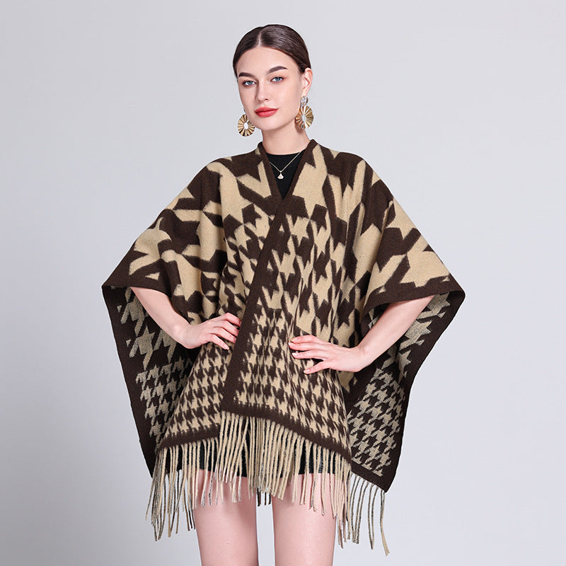 Autumn and winter Internet celebrities new plaid shawl with temperament fringed shawl cape cape retro scarf coat women