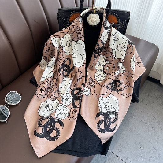 New Xiaoxiangfeng Camellia Printed Silk Scarf 90cm Twill Large Square Scarf Premium Sunscreen Shawl Headscarf Female Tide