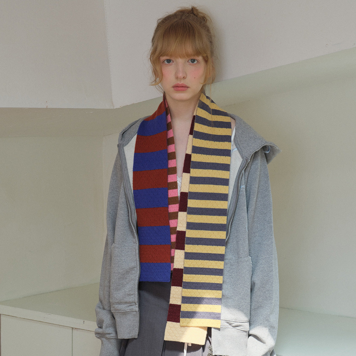 Selected 100% High Count Merino Wool Splicing Striped Scarf Women's Autumn and Winter Narrow Girly Scarf