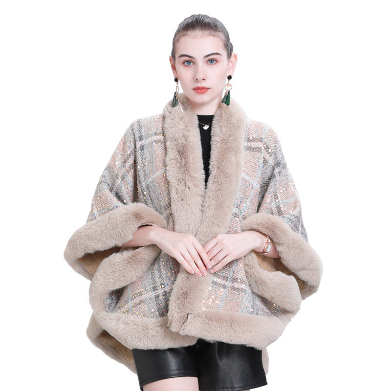 Autumn and winter new sequined knitted shawl fur collar jacket piled and thickened versatile plaid cape shawl Q0999 #