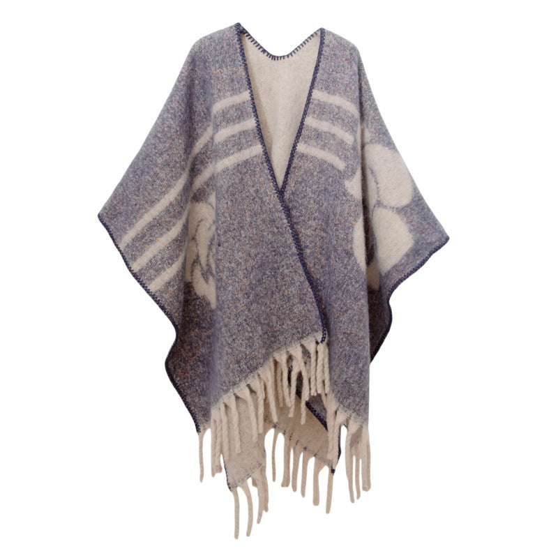 Shawl 2025 new European and American autumn and winter circle yarn imitation mohair thickened jacquard flower cape