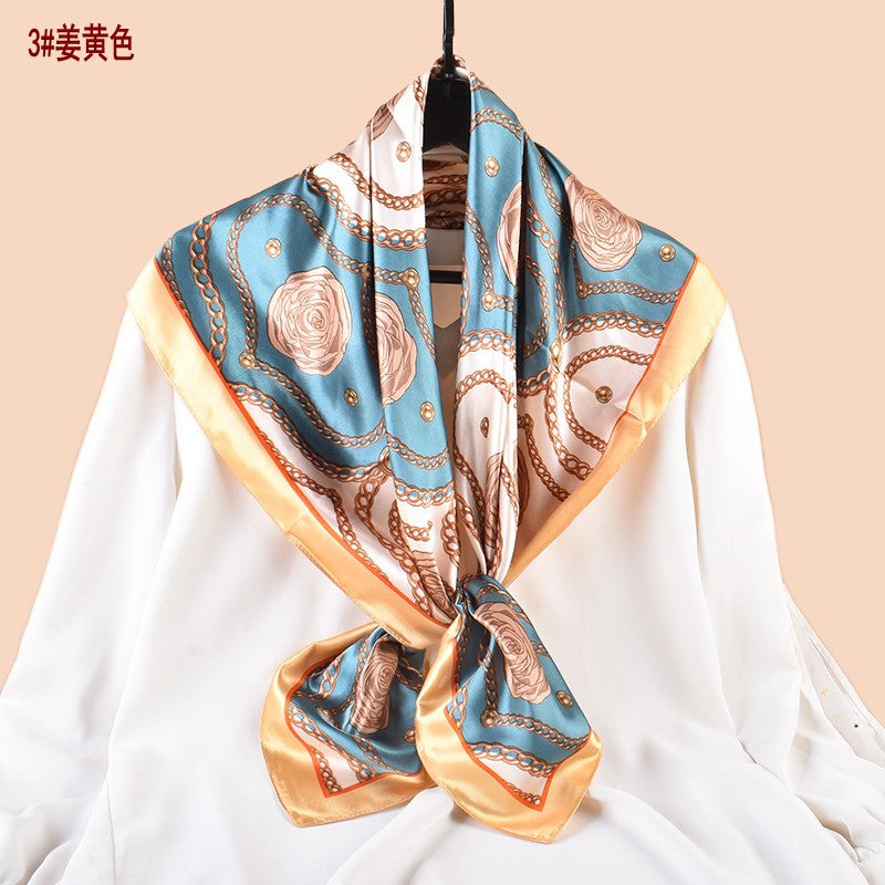 Spring and summer scarf chain flower printing versatile decorative scarf headscarf silk scarf 90 high-quality satin square scarf