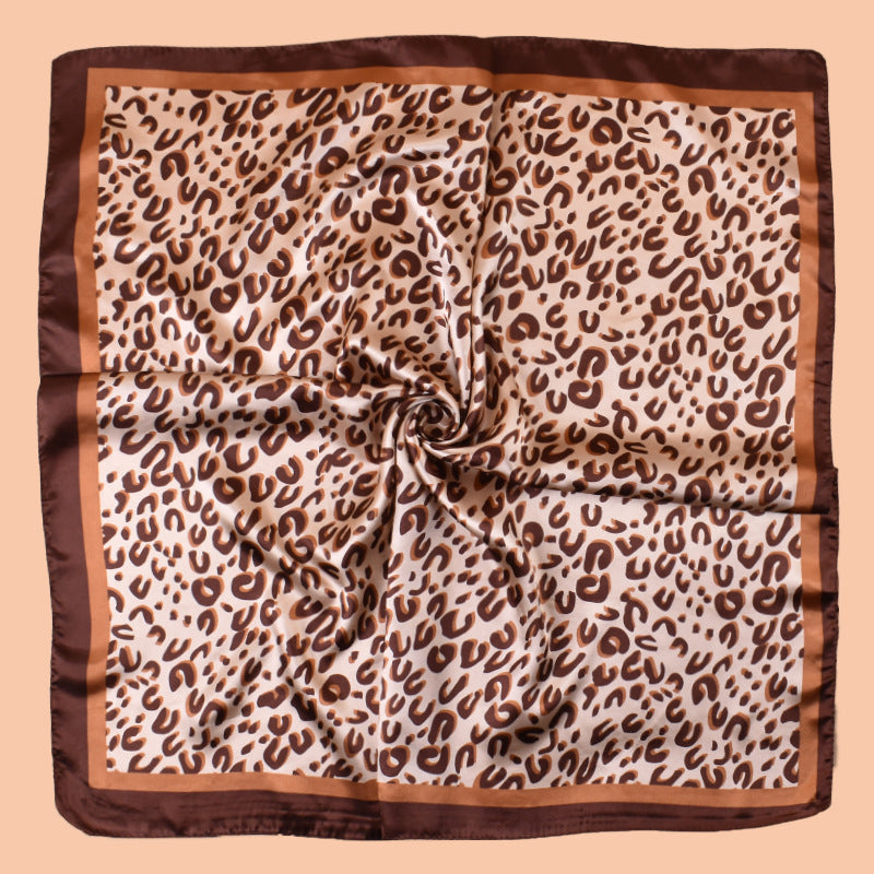 2025 new 90-satin U-word leopard print versatile printed square scarf with sunscreen, bag head silk scarf decoration, scarf
