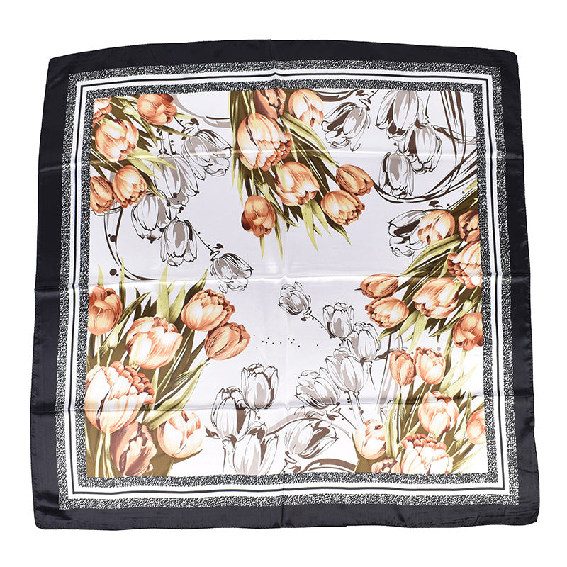 Summer new fashion versatile tulip bouquet print 90-color square scarf silk scarf headscarf