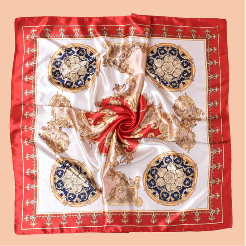 Spring and summer symmetrical vine symbol printed versatile decorative scarf headscarf silk scarf 90 high-quality satin square scarf