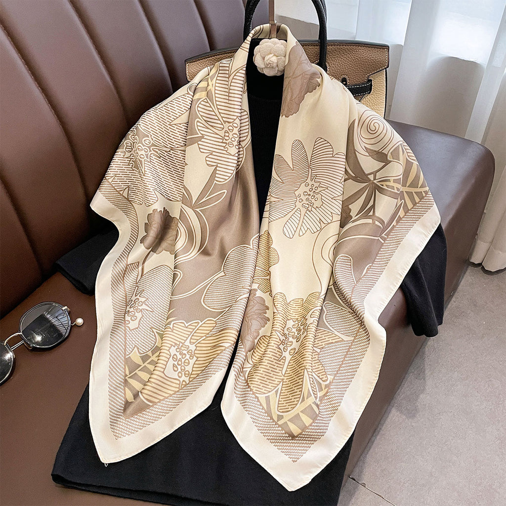Spring and Autumn new retro flower printing simulation silk large square scarf women's French atmosphere professional twill shawl silk scarf