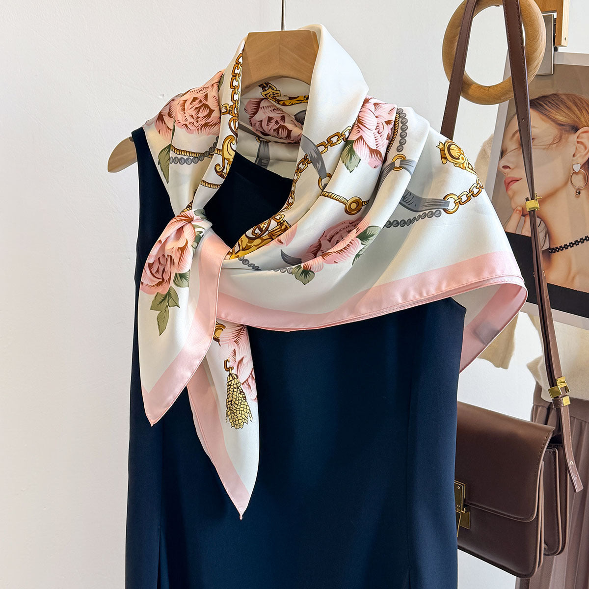 Korean version of premium camellia silk scarf 90cm twill silk scarf new chain large square scarf sunscreen shawl headscarf women