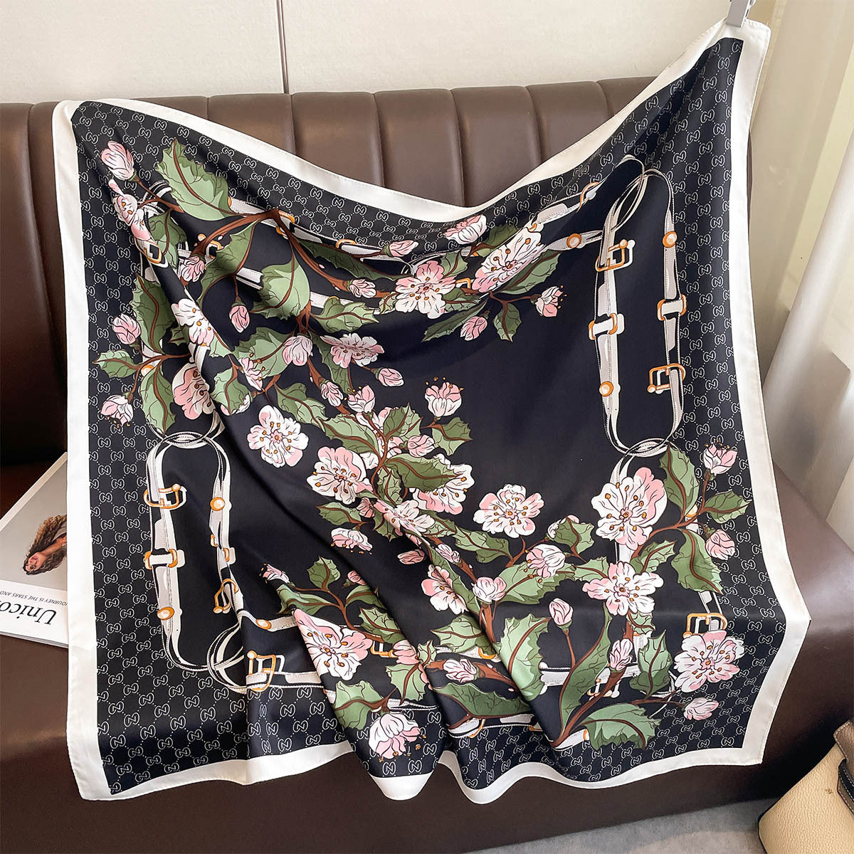 Spring and Autumn New Women's Twill 90 Square Scarf Fashion Flower Printing Multifunctional Versatile Shawl Scarf