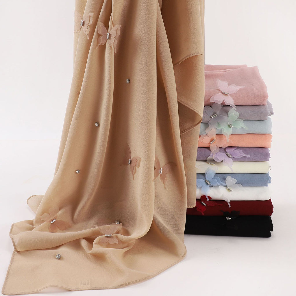 Pearl chiffon point drill butterfly nail drill long towel beautiful yarn Middle East Saudi Africa headscarf