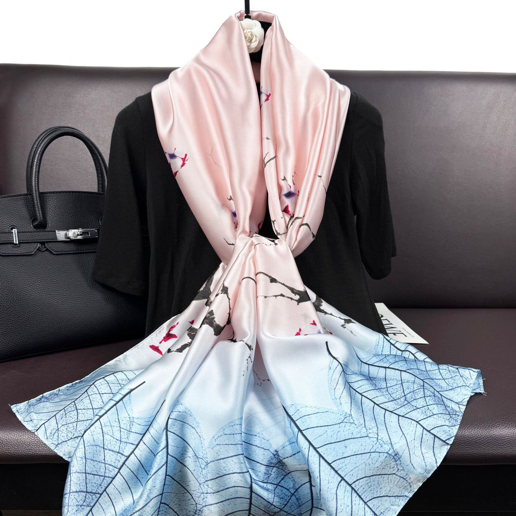 Korean version of simple and versatile plants, flowers, leaves, long silk scarves, elegant temperament, women's decoration, shawl scarf
