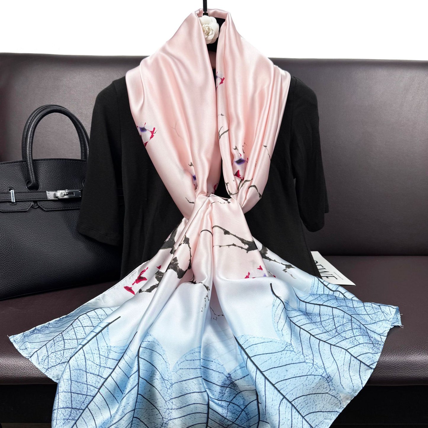 Korean version of simple and versatile plants, flowers, leaves, long silk scarves, elegant temperament, women's decoration, shawl scarf