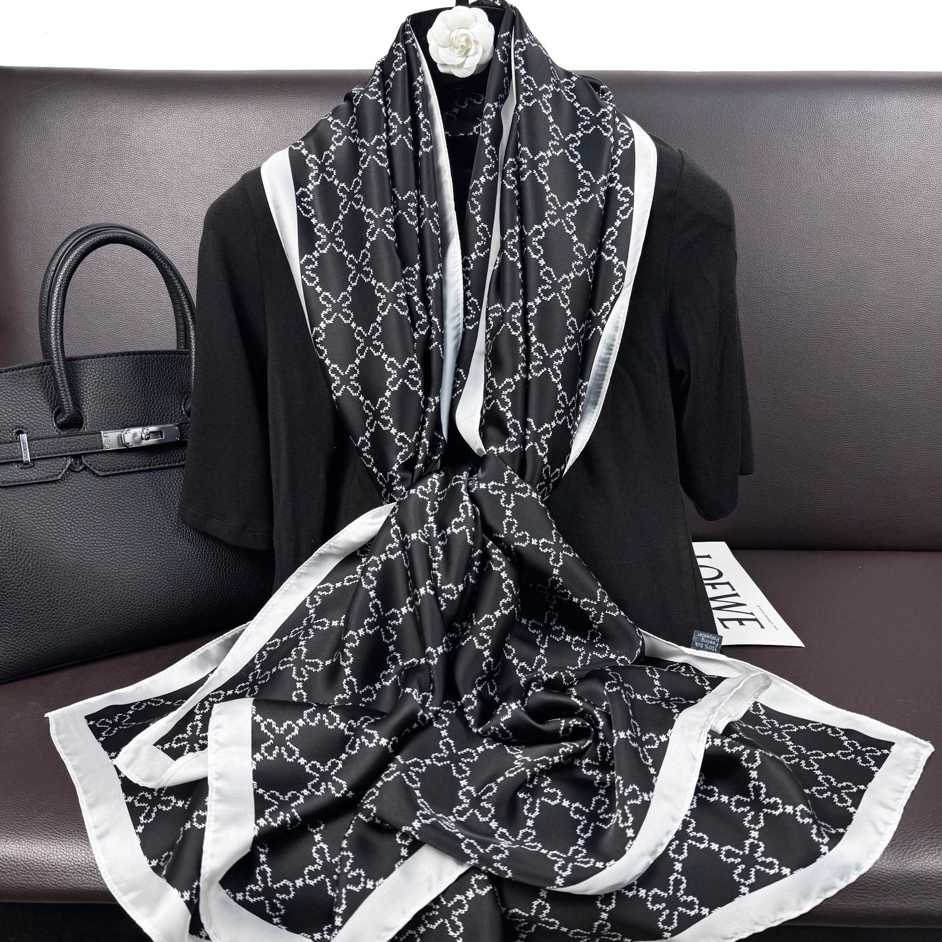 Simple and elegant ethnic women's decorative outer shawl, geometric cross pattern printing long silk scarf headscarf