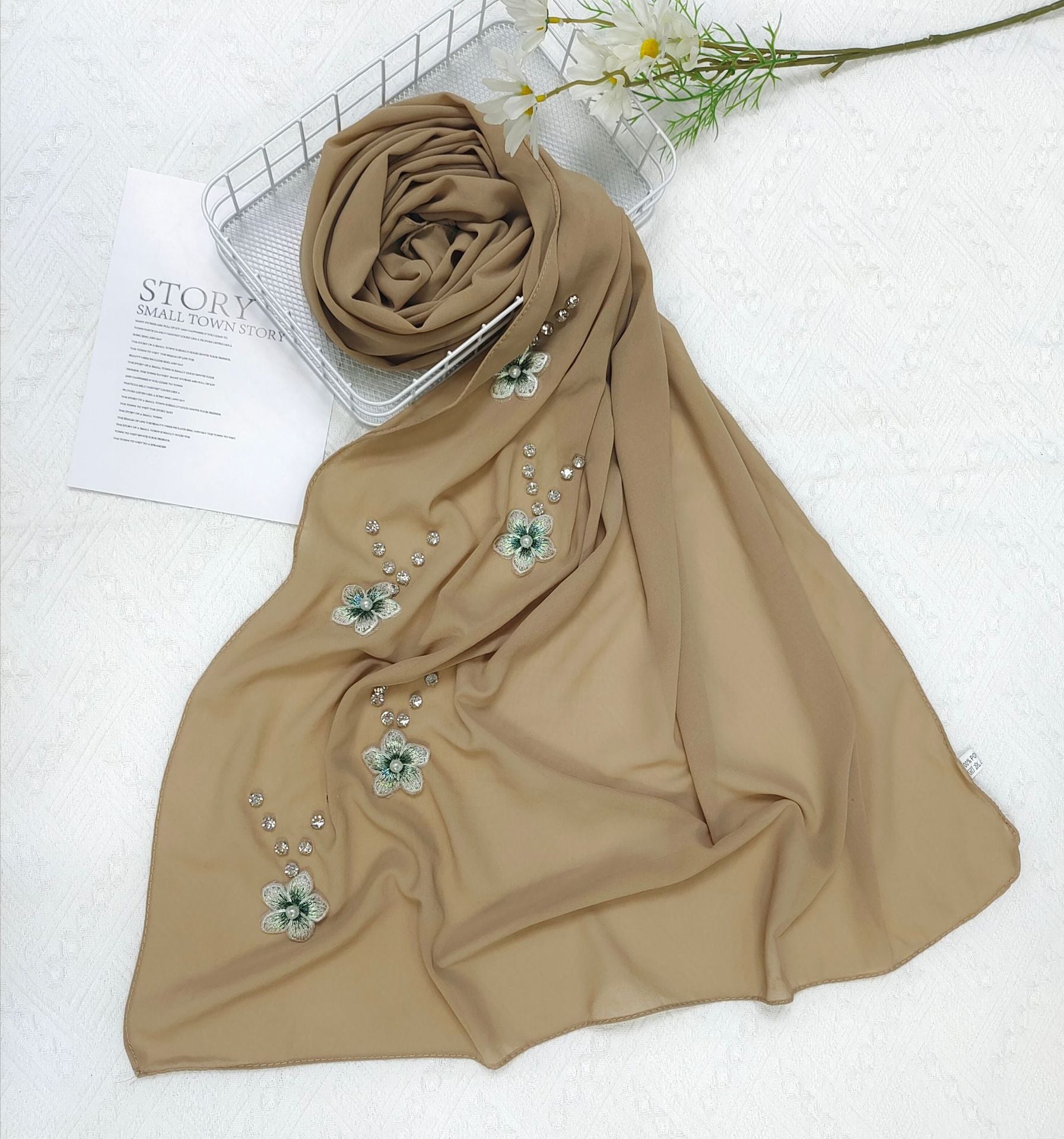 New Diamond Flower Pearl Chiffon Scarf Women's Scarf Middle East Headscarf