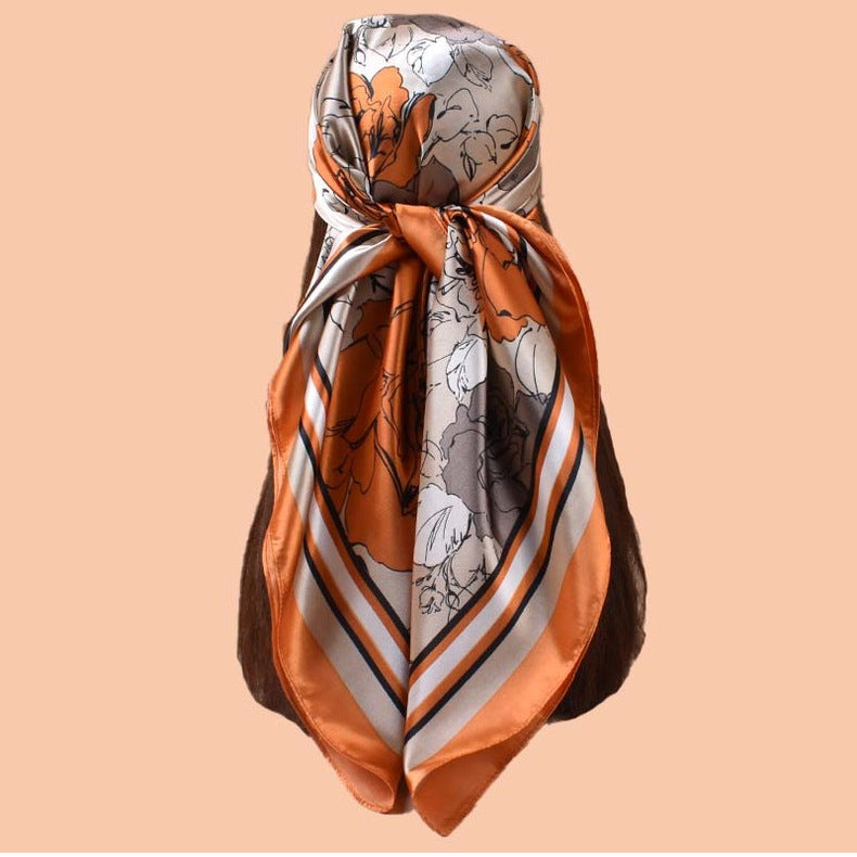 Spring and summer temperament big flower printing versatile decorative scarf headscarf silk scarf 90 high-quality satin large square scarf