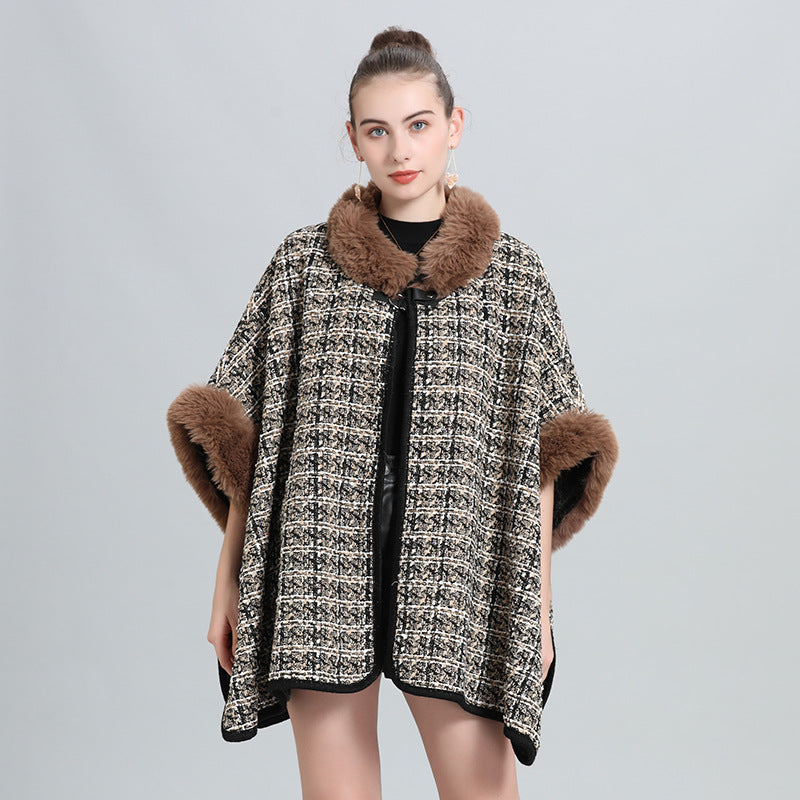 European and Korean autumn and winter new velvet large size loose imitation fur collar knitted cardigan cape shawl woolen coat 0964 #