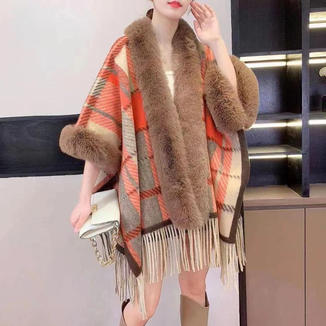 Autumn and winter shawl versatile fur collar fringed plaid cardigan shawl cape with woolen coat female 1224 #