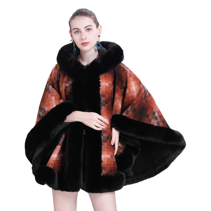 European and American autumn and winter fashion new cape shawl piled thickened plaid fur collar hooded scarf shawl cape 0985