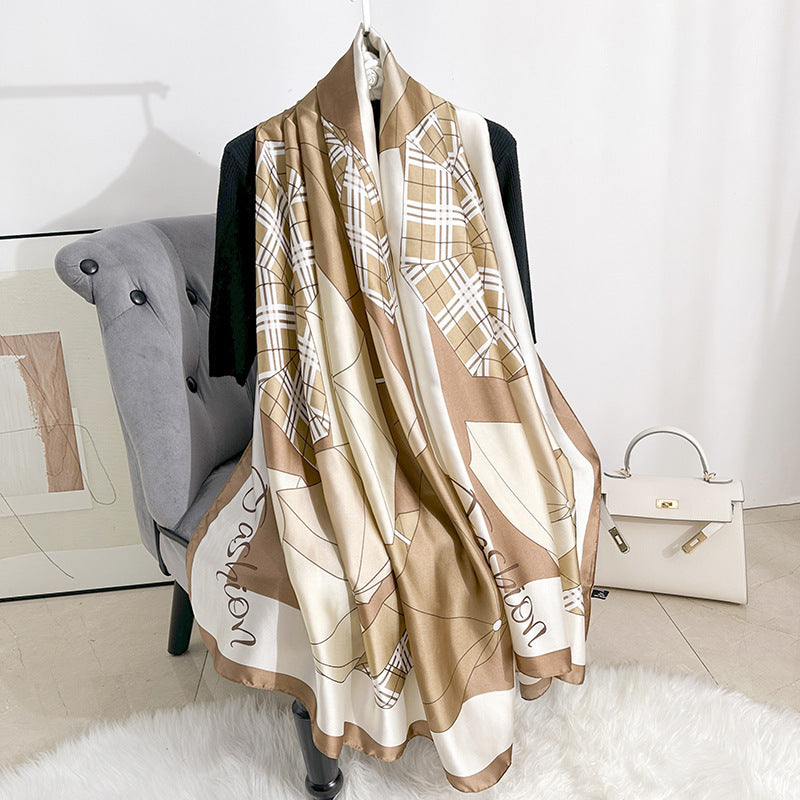 Fashion versatile geometric line plaid printing long silk scarf, elegant and light luxury women's outer yarn thin shawl