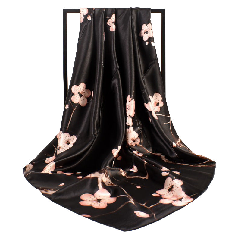 New sweet and fashionable plum blossom flower satin 90cm large square scarf women's silk scarf scarf