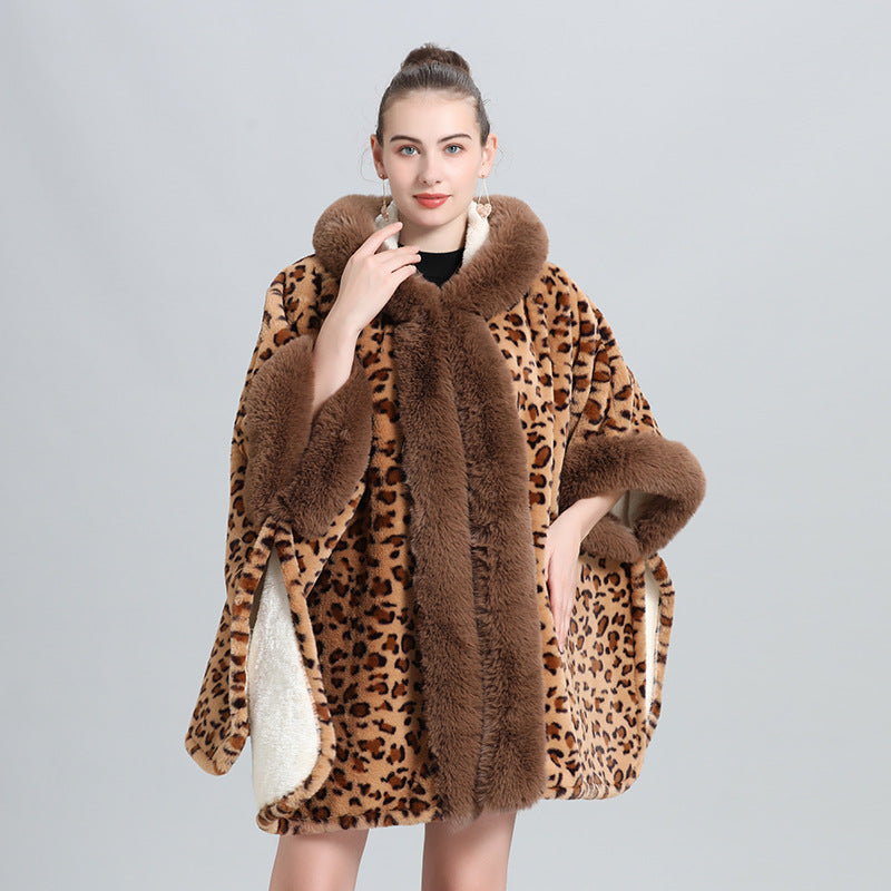 Cloak shawl piled thickened fur collar fringed knitted shawl large size woolen coat 0961 #