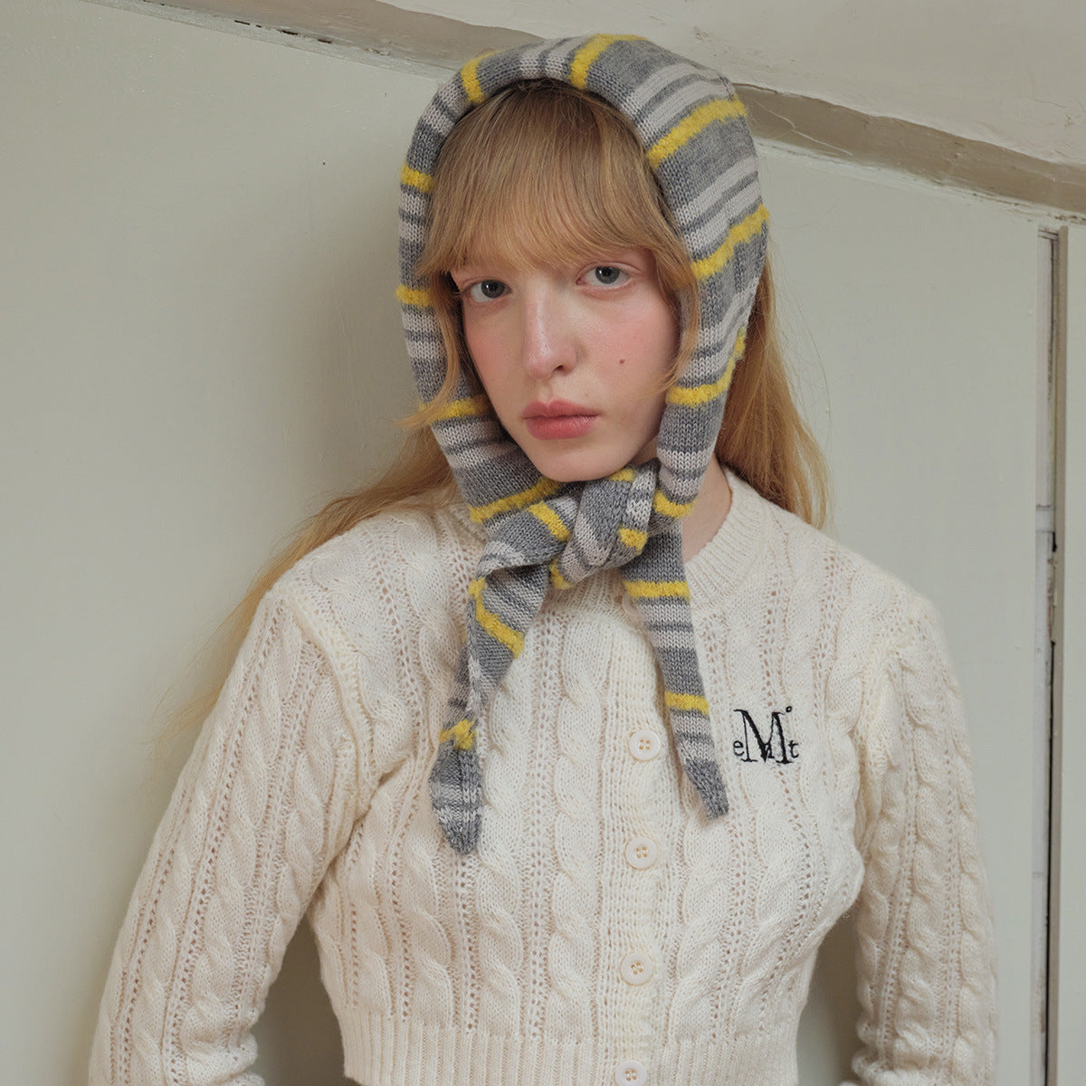 Designer wool blended cotton striped triangle scarf female cute fun knitted small scarf Korean scarf