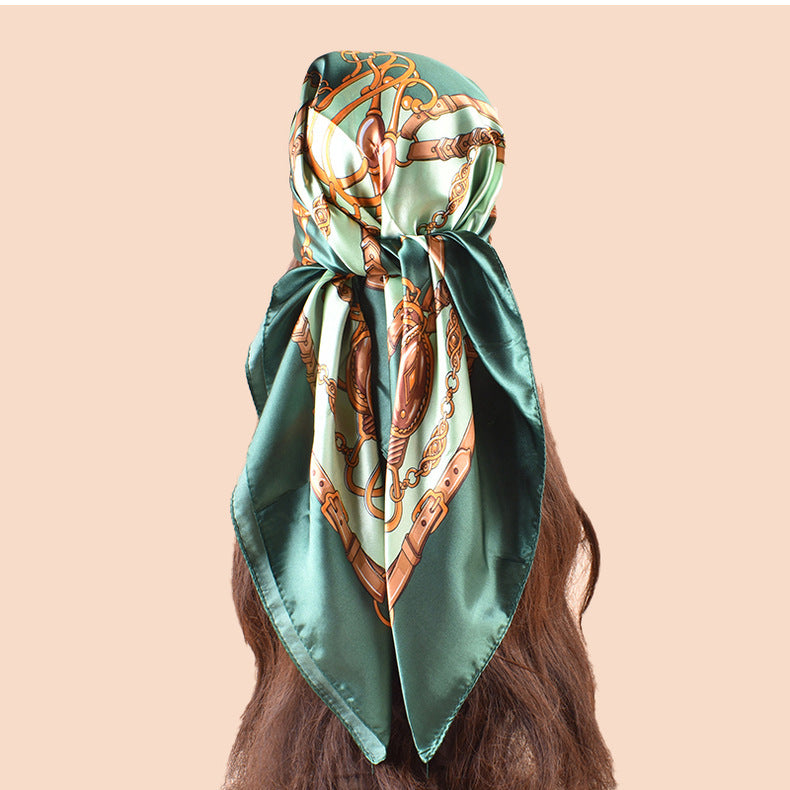 Spring new fashionable versatile large shawl simulation silk chain printed silk scarf head scarf 90cm-color square scarf