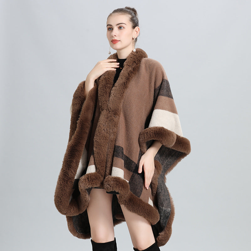 European and American autumn and winter new temperament plaid fur collar shawl cape scarf shawl fur shawl 0968 #