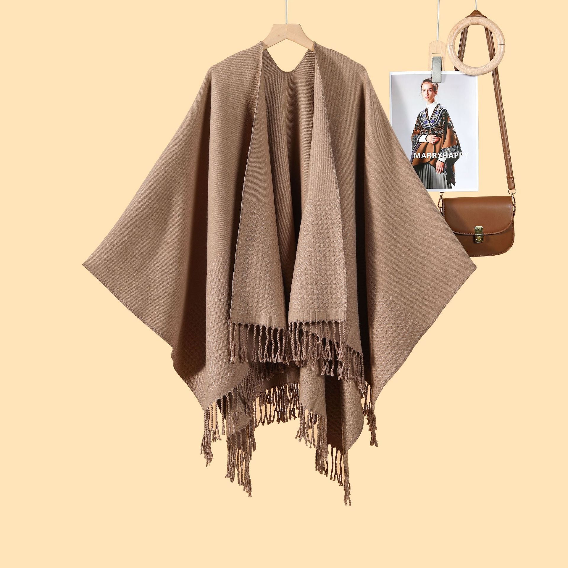 New monochrome fringed split shawl double-sided three-dimensional wave jacquard warm imitation cashmere scarf cape cardigan women