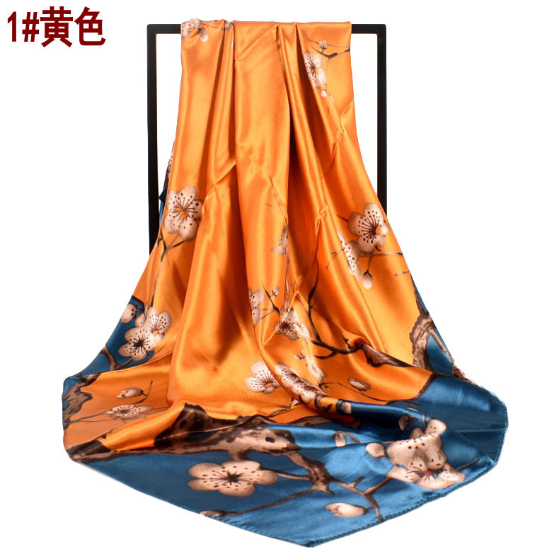 New sweet and fashionable plum blossom flower satin 90cm large square scarf women's silk scarf scarf