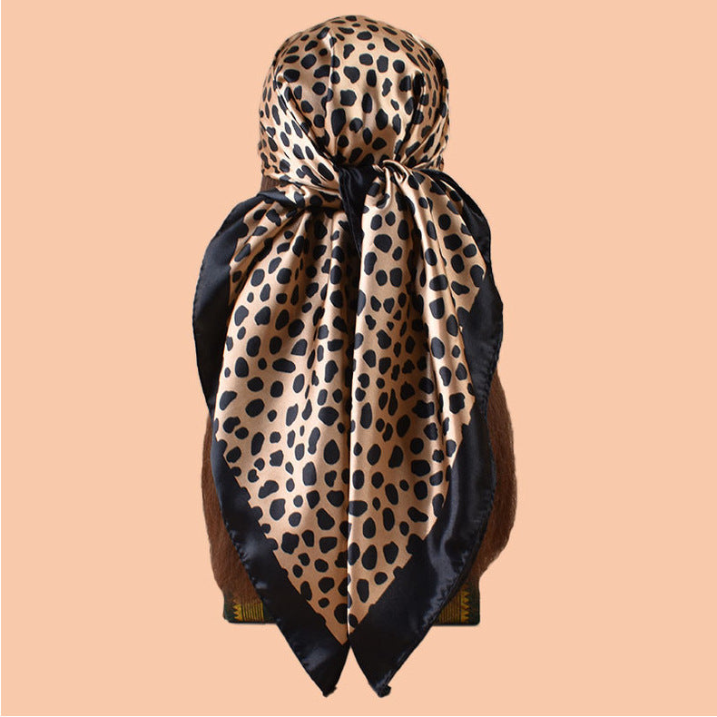 2025 new 90cm-satin classic leopard print square scarf with sunscreen, head silk scarf decorative scarf