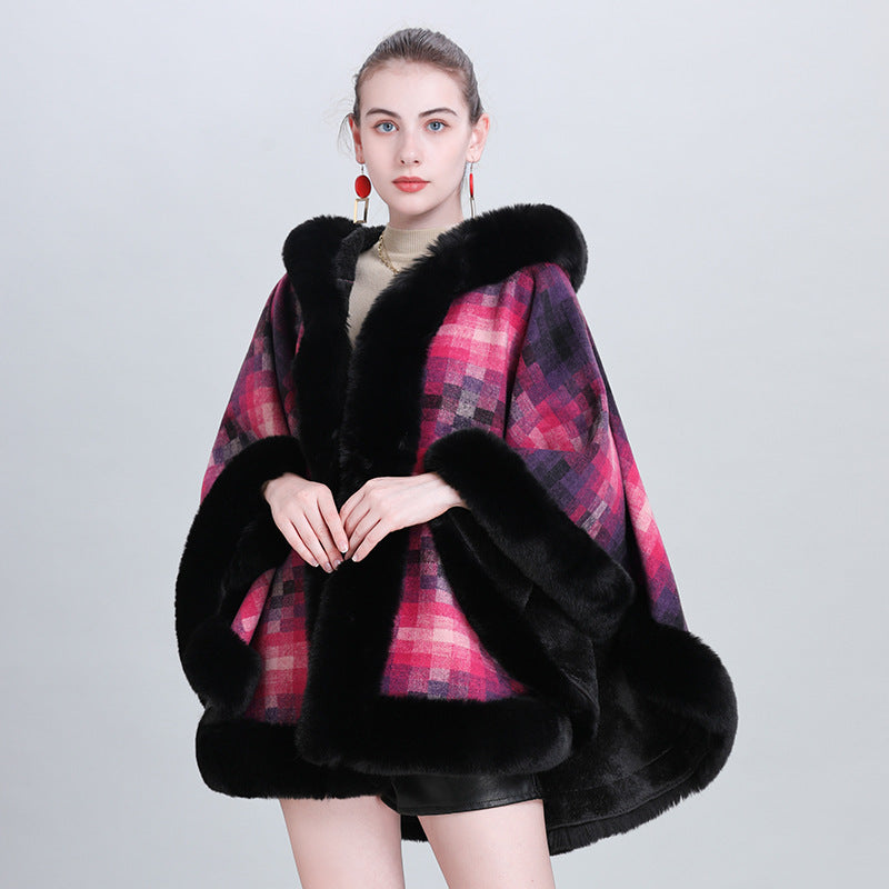 European and American autumn and winter fashion new cape shawl piled thickened plaid fur collar hooded scarf shawl cape 0985