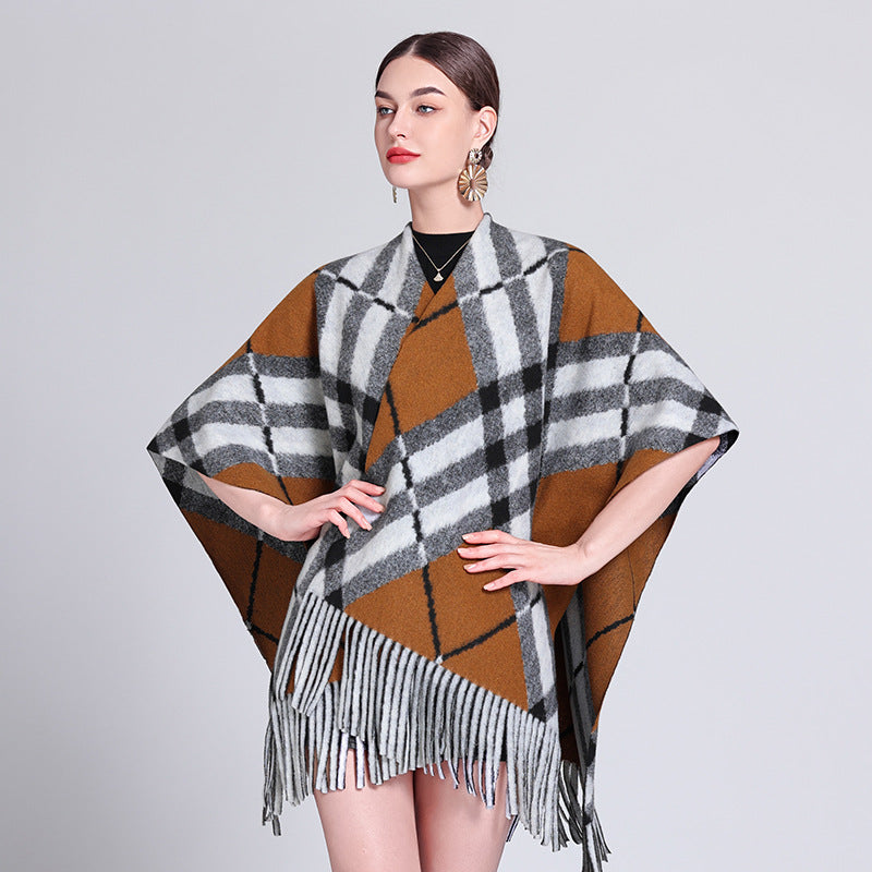Autumn and winter Internet celebrities new plaid shawl with temperament fringed shawl cape cape retro scarf coat women