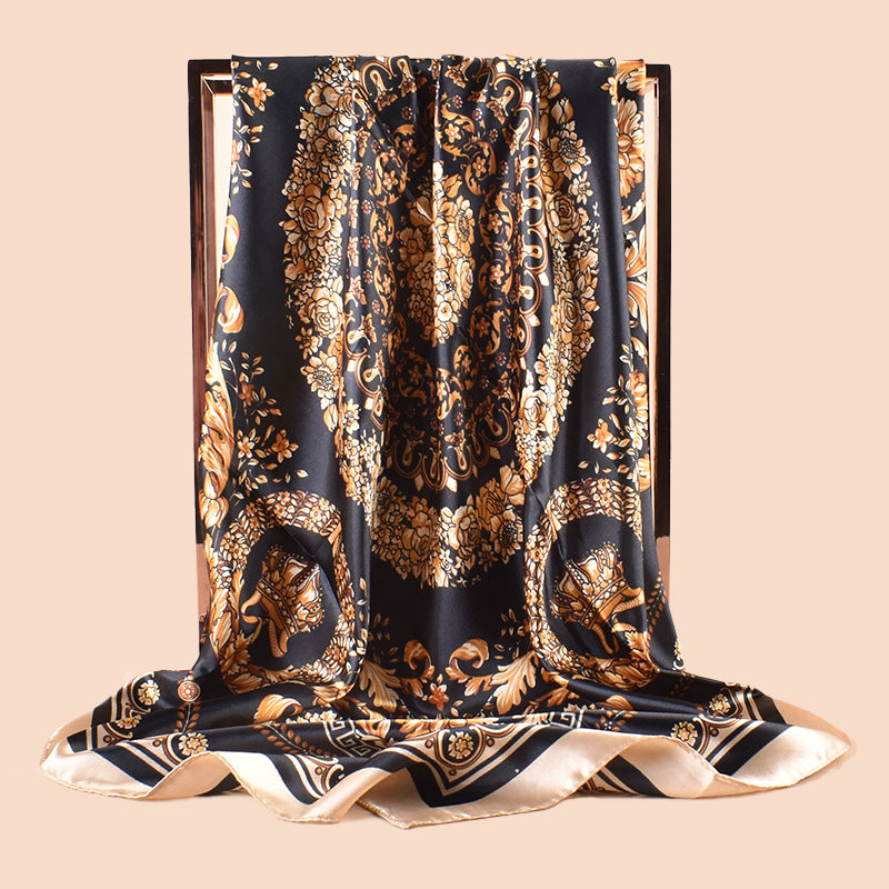 Spring new fashionable versatile large shawl imitation silk retro totem printed silk scarf head scarf 90 satin square scarf