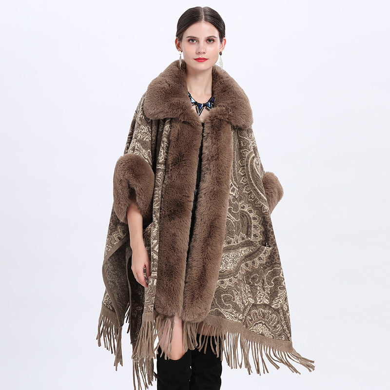 Europe, America, autumn and winter new jacquard fashion loose fur collar fringed cape shawl with large size woolen coat women