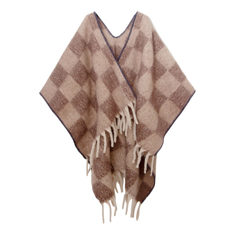 New European, American autumn and winter circle yarn imitation mohair thickened jacquard checkered cross shawl