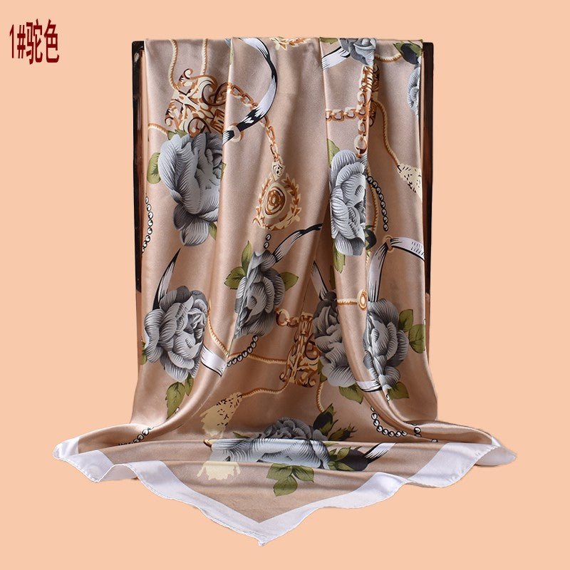 2025 new 90-color beautiful chain flower printing square scarf with sunscreen, bag head silk scarf decoration, scarf
